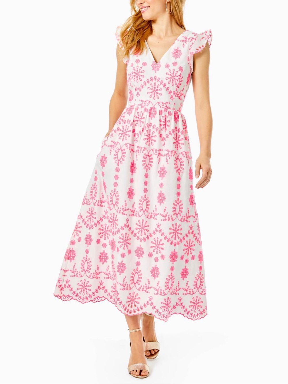 Lilly Pulitzer White Maxi Dress with Pink Embroidery